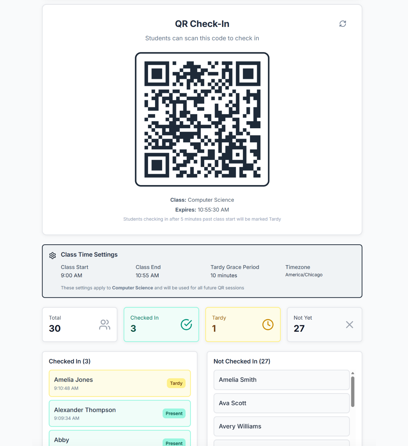 QR code check-in session showing real-time student scan tracking